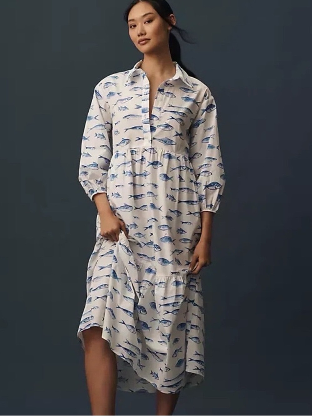 Maeve Anthropologie Blue Fish Print Maxi Dress